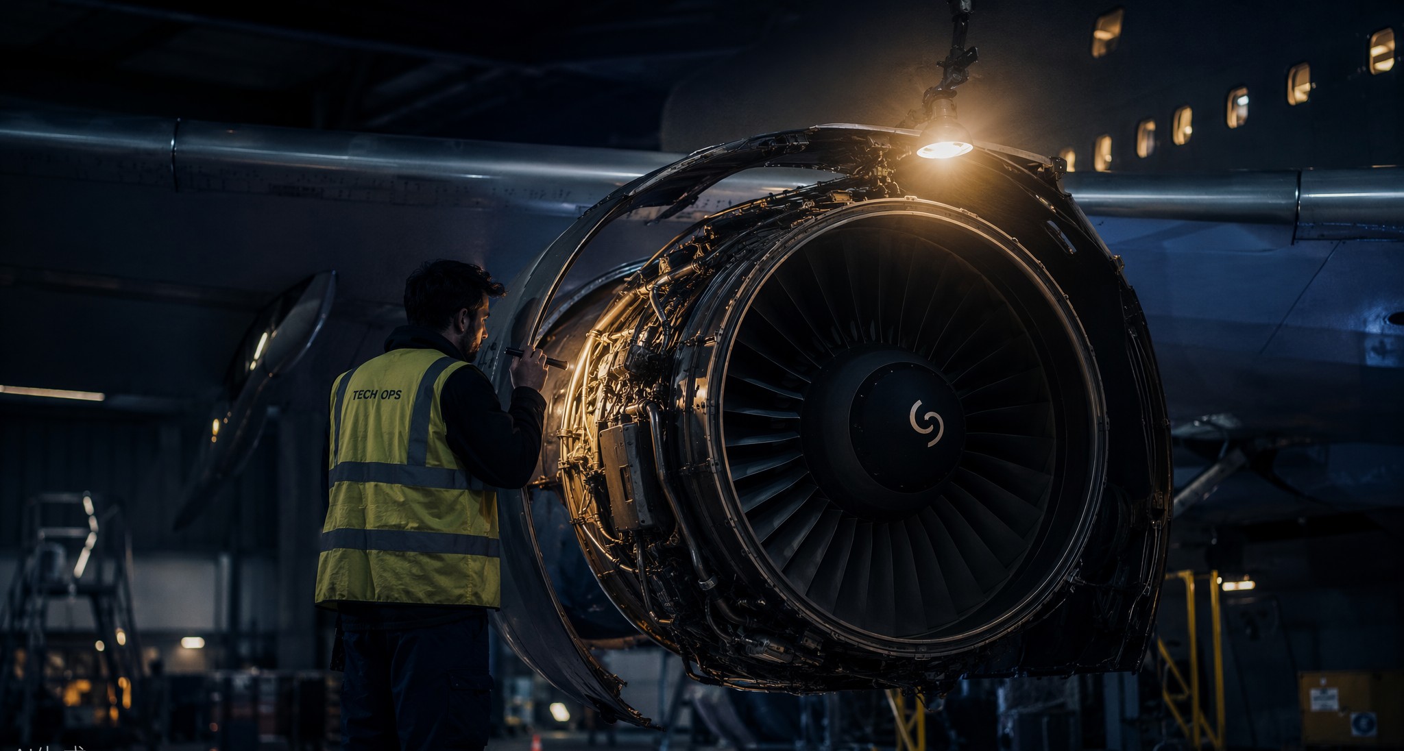 Engineer inspecting a turbofan engine in a night maintenance hangar