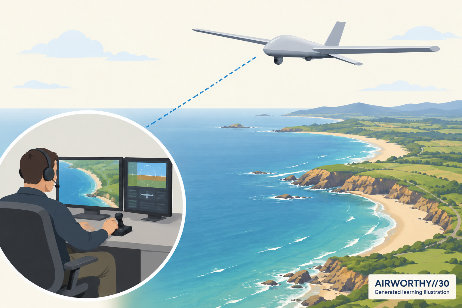 Generated illustration of a fictional fixed-wing remotely piloted aircraft above a coastline, linked visually to a ground-control station with an operator.